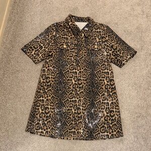 Shiny sequin  Leopard Print Dress with Buttons